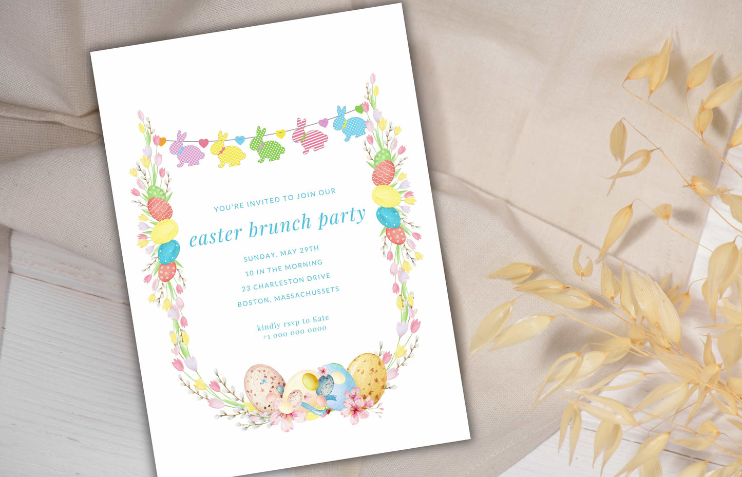 Editable Easter Brunch Invitation, Easter Egg Hunt Invite, Easter Party Brunch Invitation, Floral Easter Invite, Bunny Invitation. ESB42