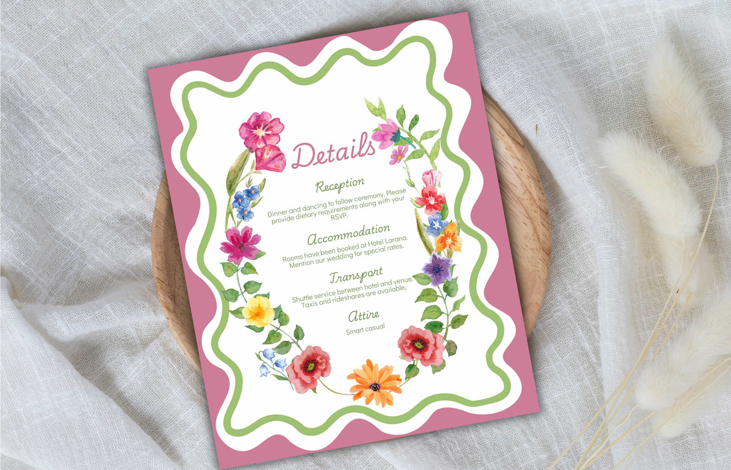 Pink Floral Wedding Invitation Template, Summer Wedding Invitation Suite, Botanical Invitation, Instant Download. WSB62