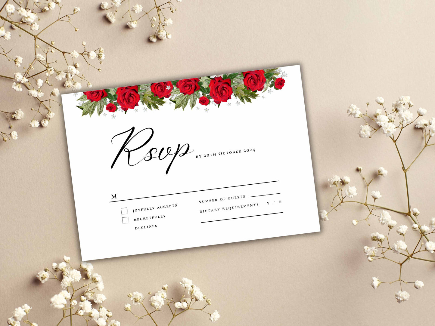Red rose wedding invitation template set, Printable wedding suite, RSVP card, Details Card. 23