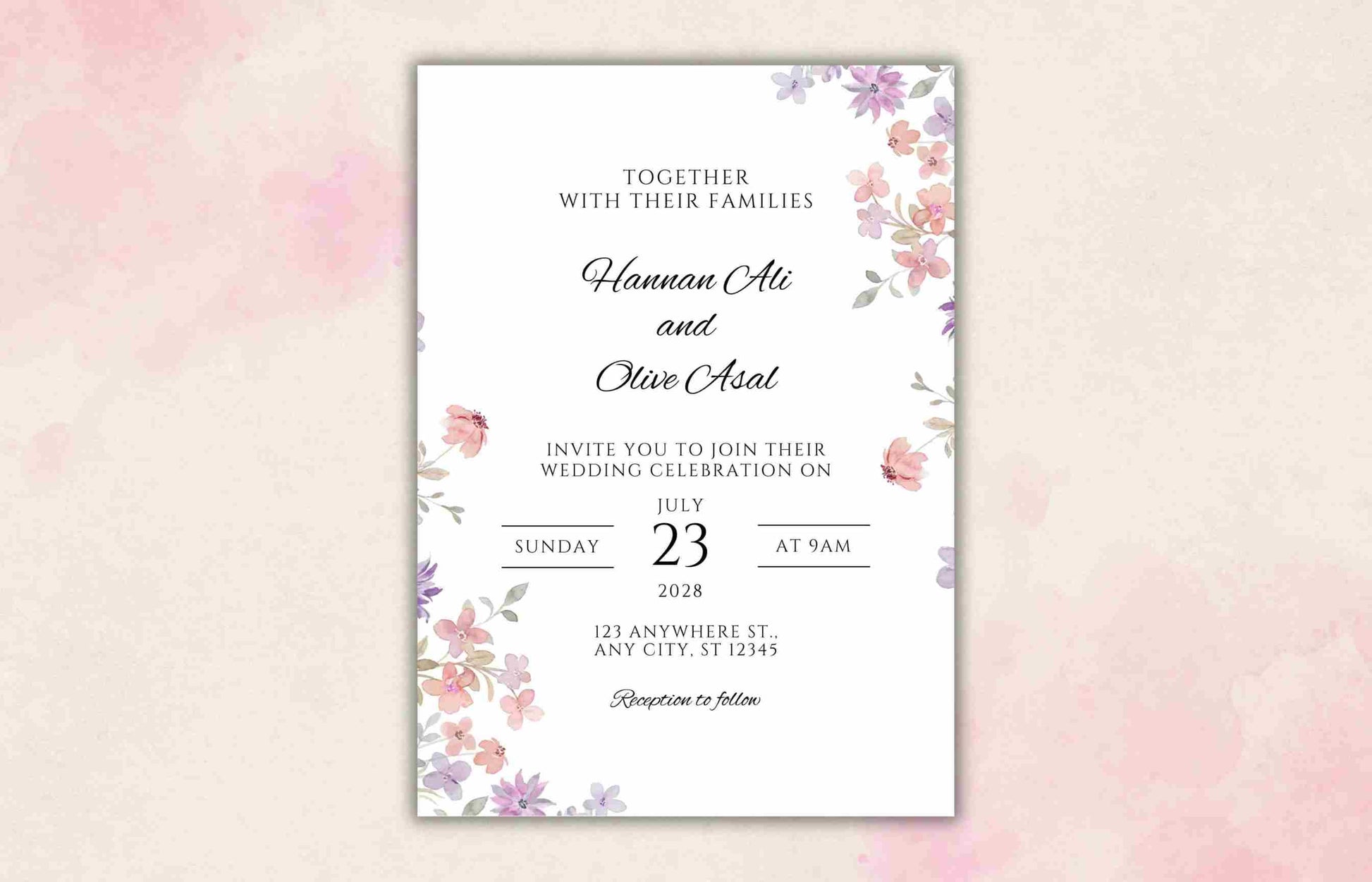 Wildflower Wedding Invitation Template, Printable Wedding Invitation, Pink and purple Invitation, Wedding Suite, RSVP, Details. WI101 - A1 Majestic