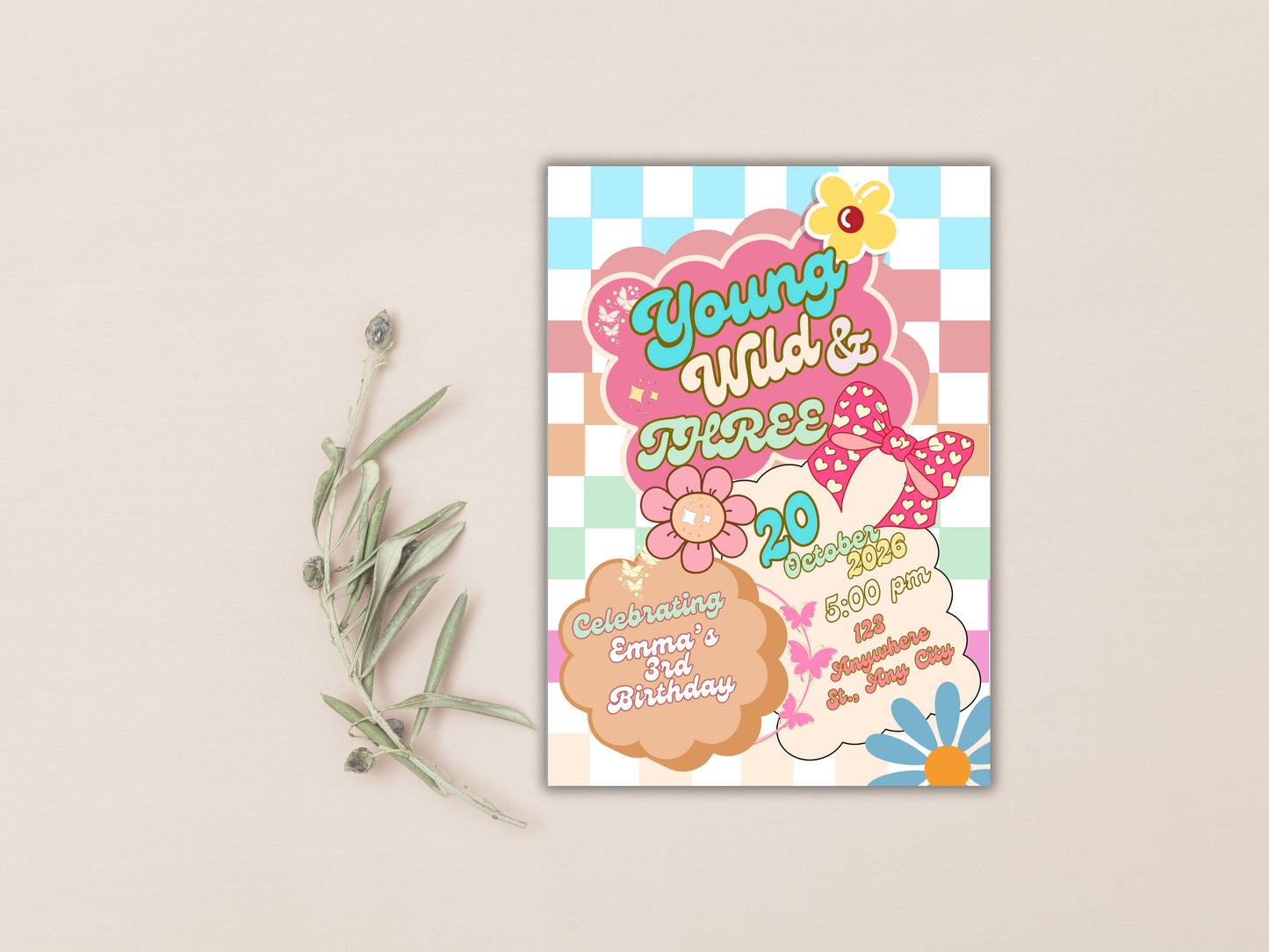 Editable Young wild and three Groovy Birthday Invitation EDITABLE Girl Daisy Rainbow Groovy 3rd Invite Hippie Party Template Instant. WEIB86