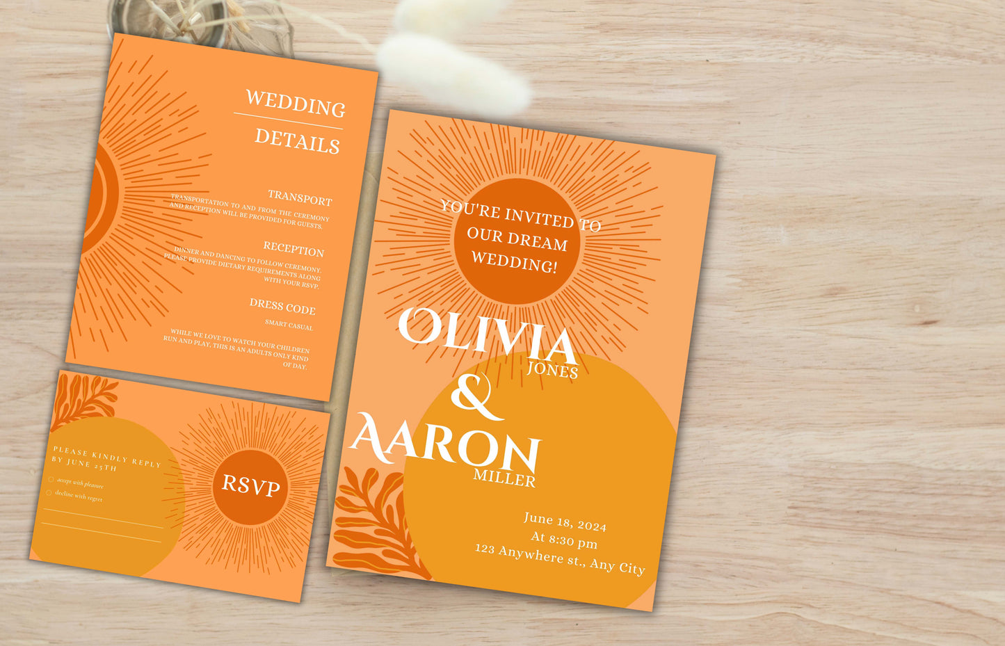 Retro Sunburst Wedding Invitations | Retro Themed Wedding Invitation Set | Editable Modern Digital Download Invite Template | Boho. WI109