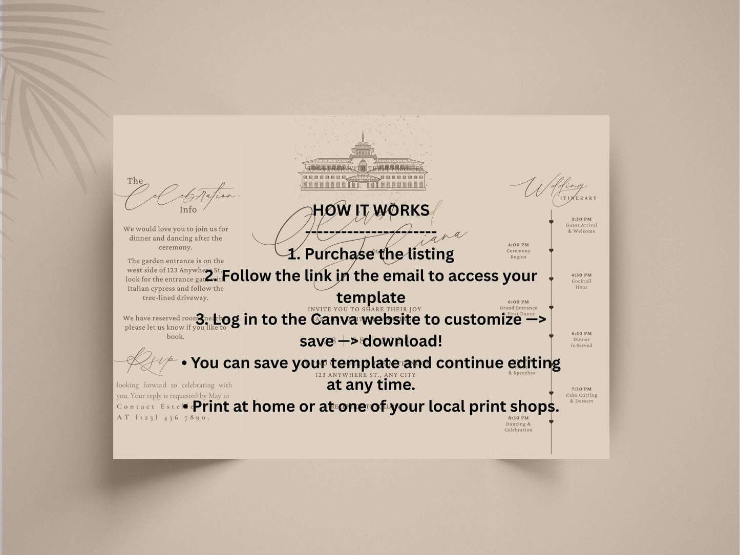 Elegant Gatefold Wedding Invitation | Modern Black & White Folded Invite | Printable Wedding Suite | RSVP and Itinerary Template. WI135
