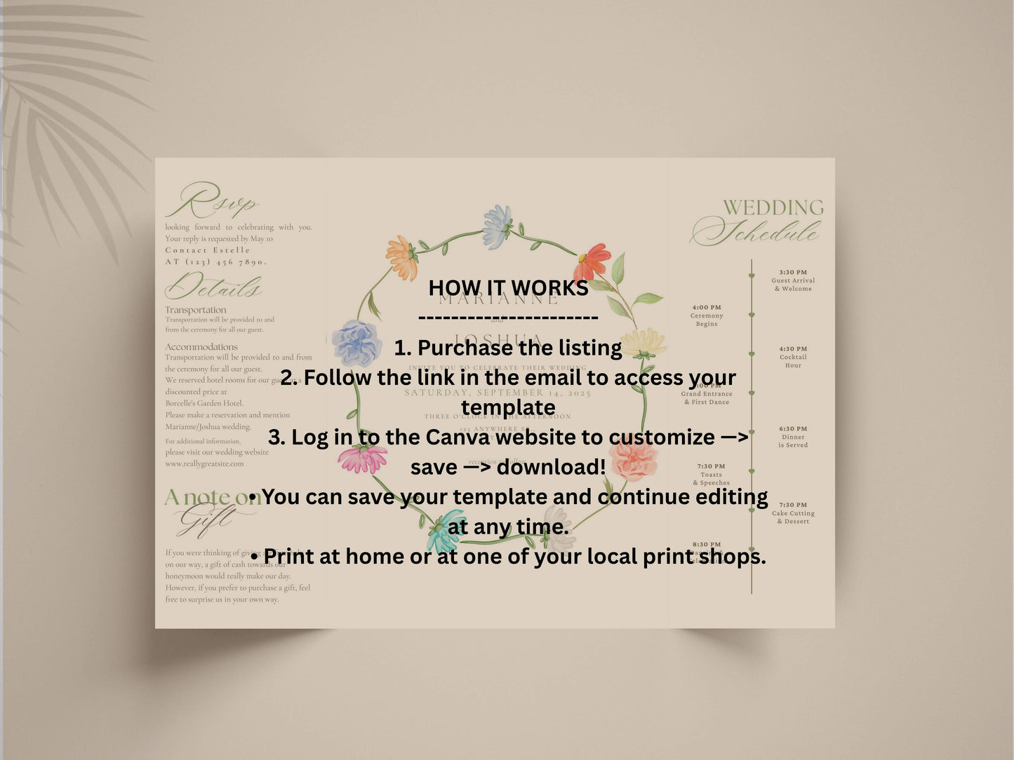 Elegant Gatefold Wedding Invitation | Floral Folded Invite | Printable Wedding Template | RSVP & Details Card | Editable PDF. WI134