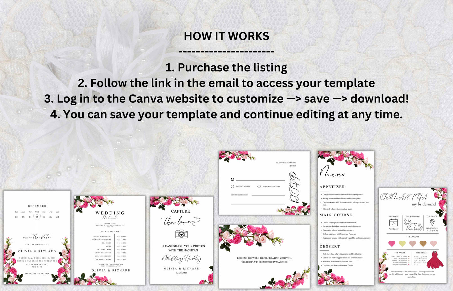 Pink Rose Wedding Invitation Bundle, Printable Wedding Invite, Editable Template, RSVP, Details, Bridesmaid Card, Menu Card, Digital. WT41