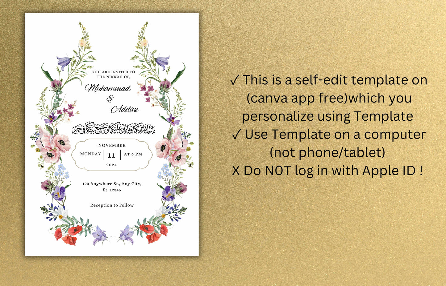 Nikkah Invitation Template, Spring Wedding Card, Floral Muslim Wedding Invite, Editable Nikkah Invitation Template, Nikkah Invitation. WT51