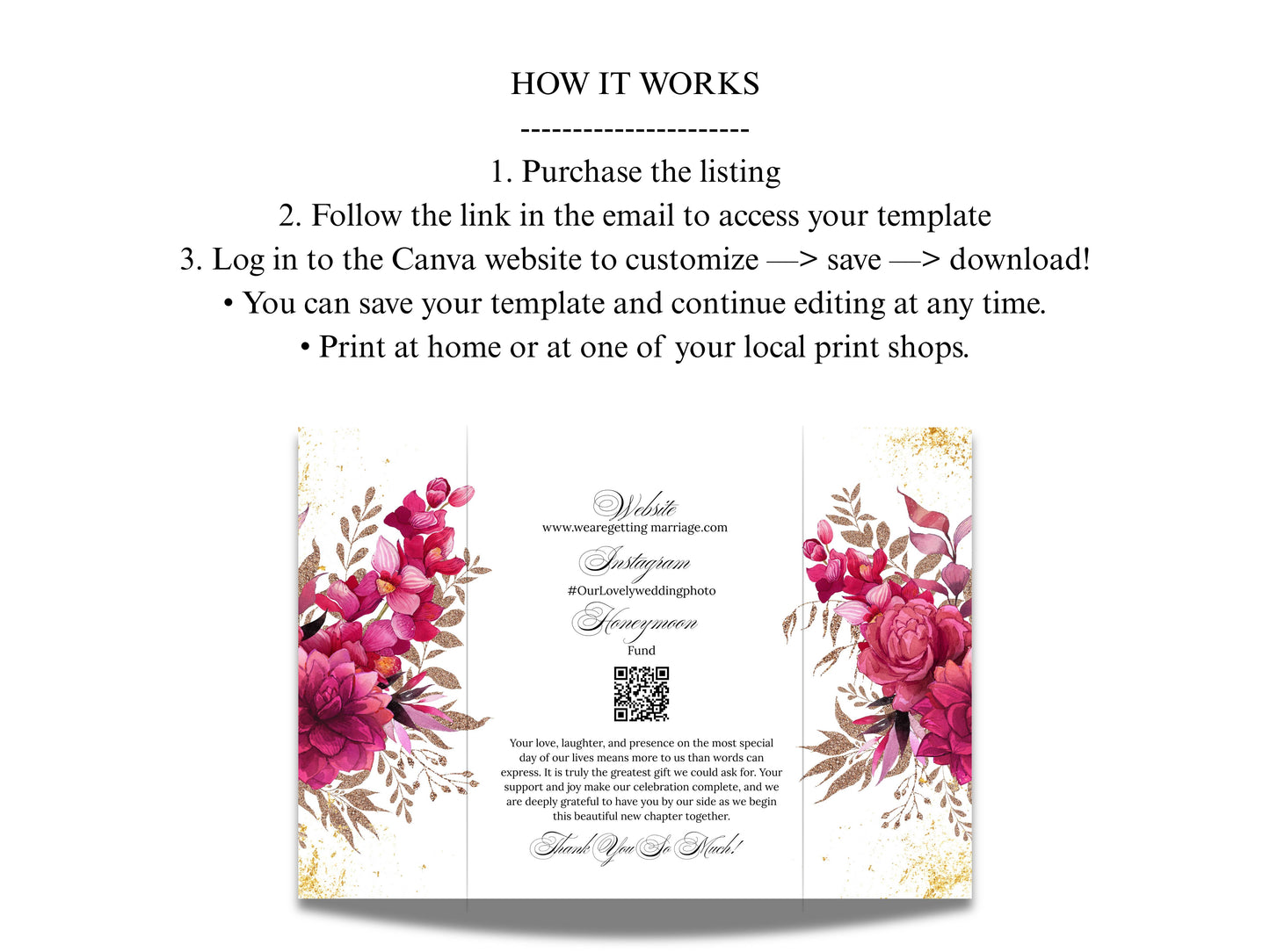 Wedding Invitation Trifold Template Canva, INSTANT DOWNLOAD, Pink Florals Trifold Invite Photo, Floral Pink Trifold Card,Pink Floral. WIB119