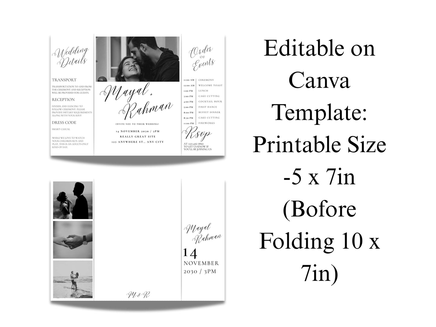Gatefold Wedding Invitation Template | Elegant Black & White Folded Invite with RSVP Timeline | Printable Wedding Card with Photo. WEIB123
