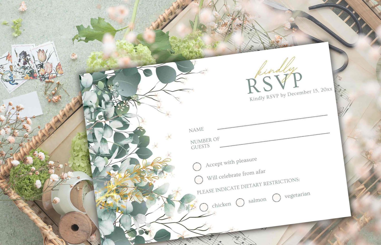 Sage Green Wedding Invitation Template, Editable Template, Greenery Eucalyptus Invitation Suite, Wedding Invites Template Editable. WI104 - A1 Majestic