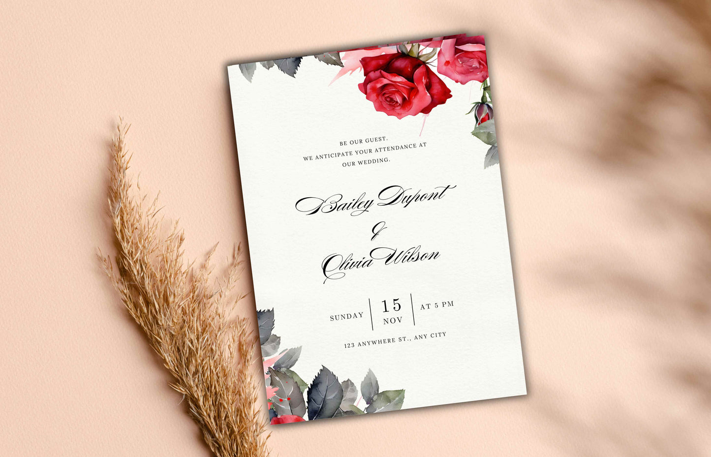Wedding Invitation Set, Editable Red Rose Wedding , Wedding Invitation Template, Floral Invitation, Reception Card, RSVP Card, Details. WT35