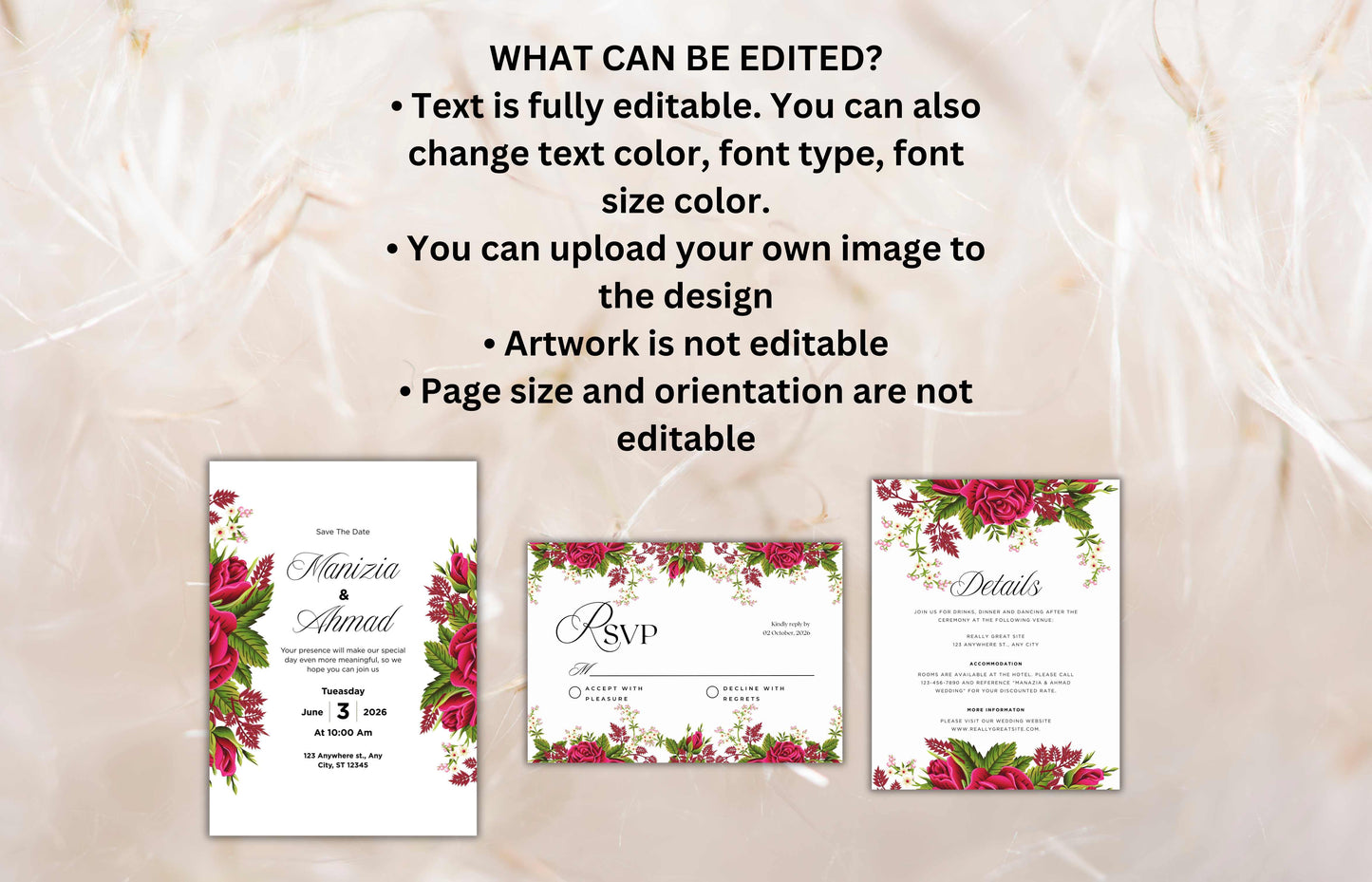 Floral Wedding Invitation Set Template, Printable Hot Pink Rose Wedding Invite Suite, Boho Wedding Template, RSVP Card, Details Card. WIB73