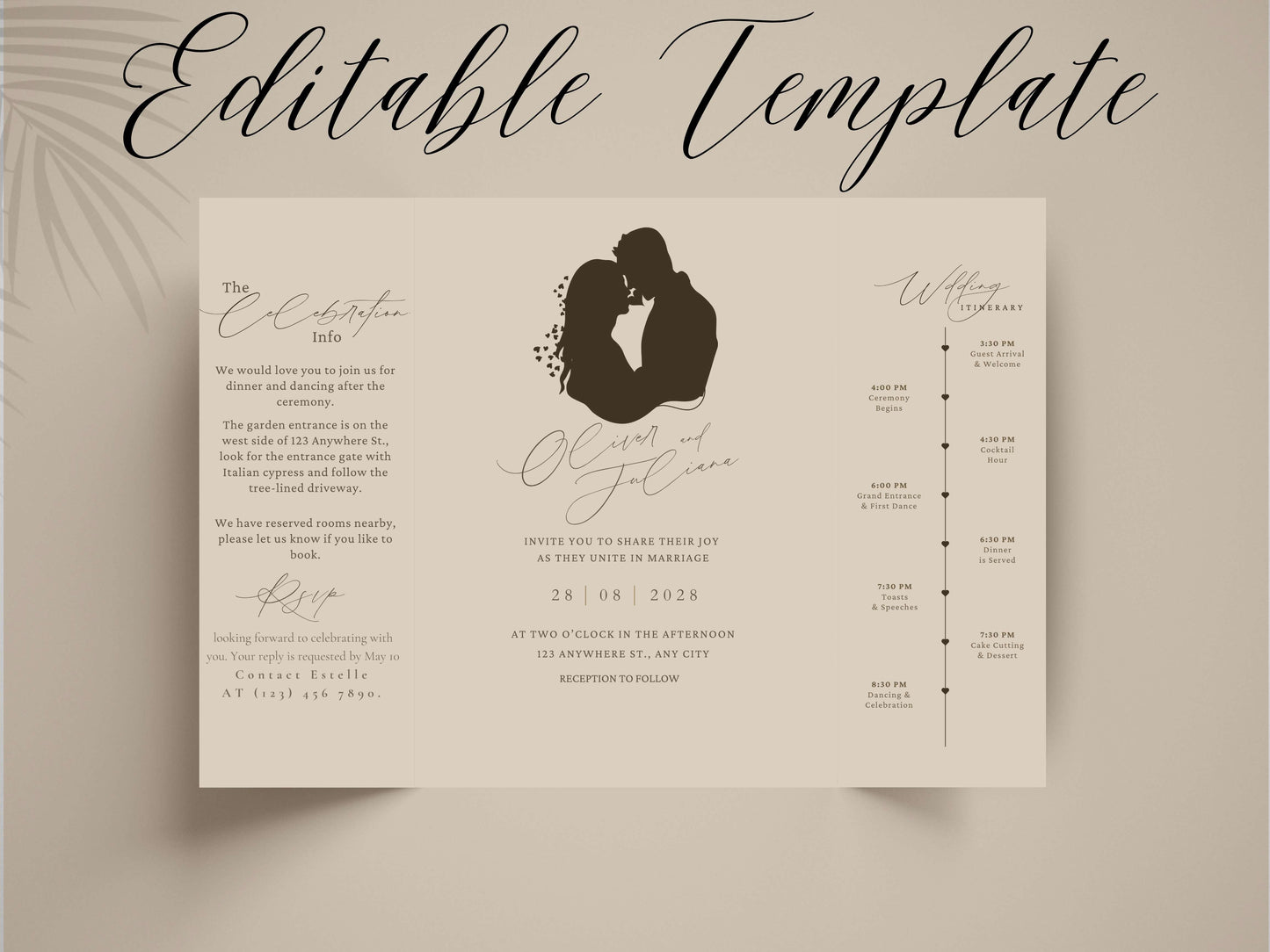 Elegant Gatefold Wedding Invitation | Minimalist Silhouette Wedding Itinerary Card | Modern Folded Wedding Invite Printable Template. WI144