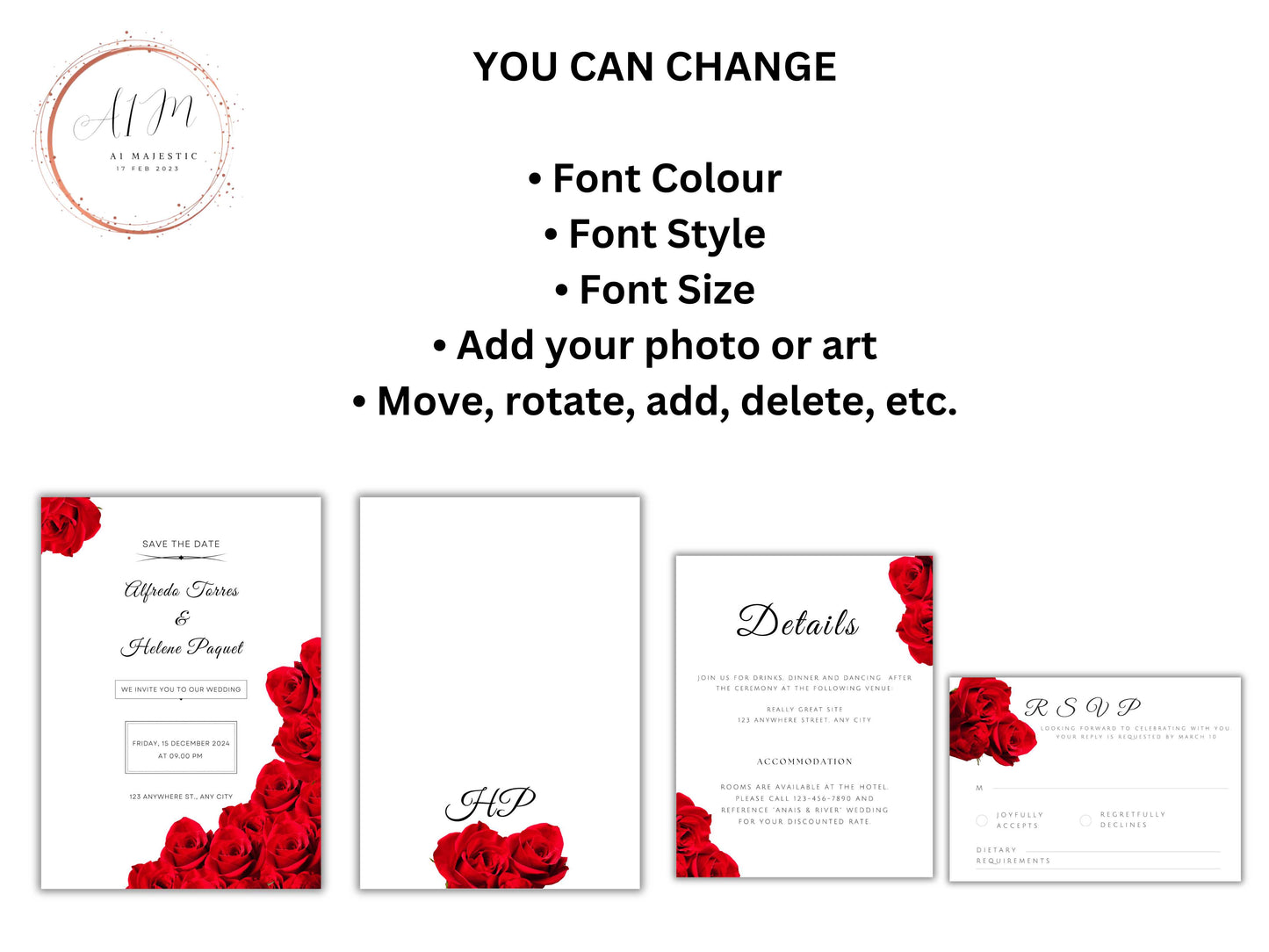 Red Rose Wedding Invitation set, Red Rose RSVP, Dark Red floral, Elegant Red Rose wedding Invitation, Details , Editable,Template. T28