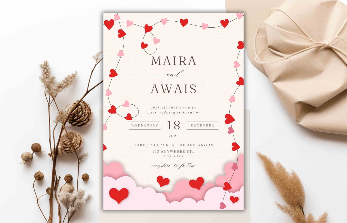 Romantic Wedding Invitation Template, Wedding Invitations Valentine Suite, RSVP, Detail Card, Red Hearts Invitation, Pink Heart Invite. WI97