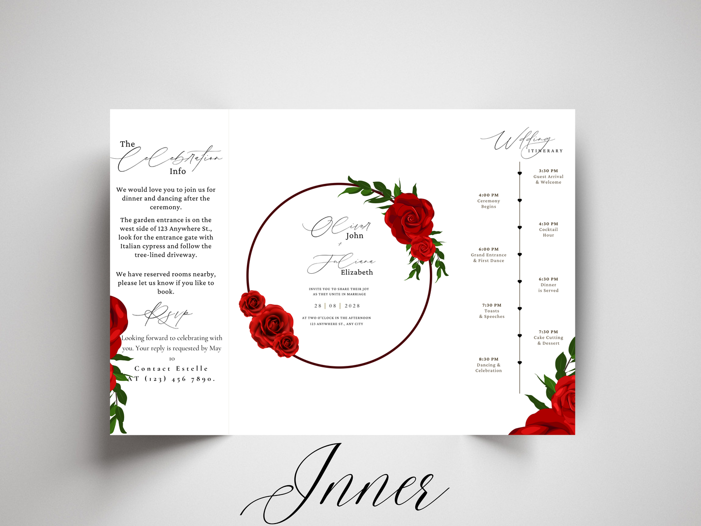 Red Rose Wedding Invitation Template Gatefold Style | Floral Wedding Invite | Romantic Printable Invitation Set | Modern Wedding Card. WI180