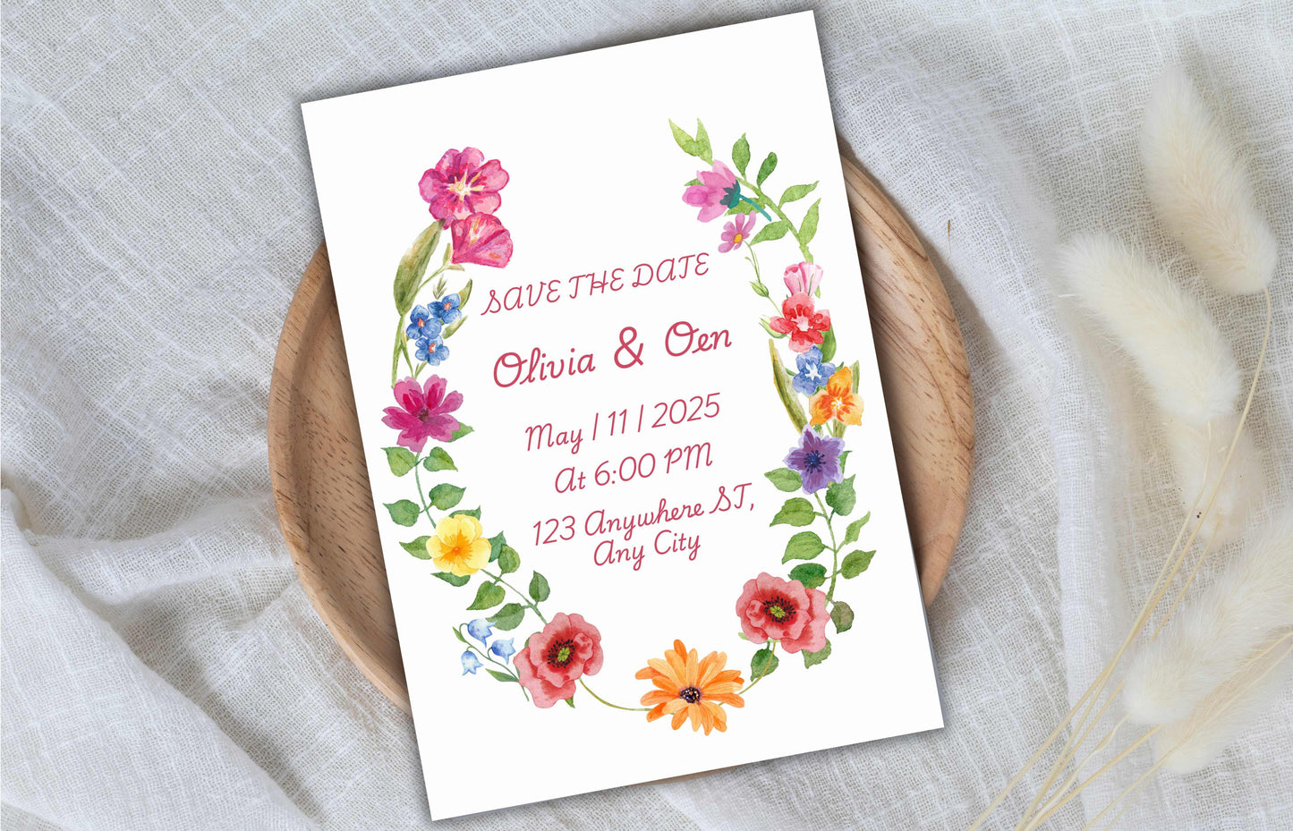 Pink Floral Wedding Invitation Template, Summer Wedding Invitation Suite, Botanical Invitation, Instant Download. WSB63