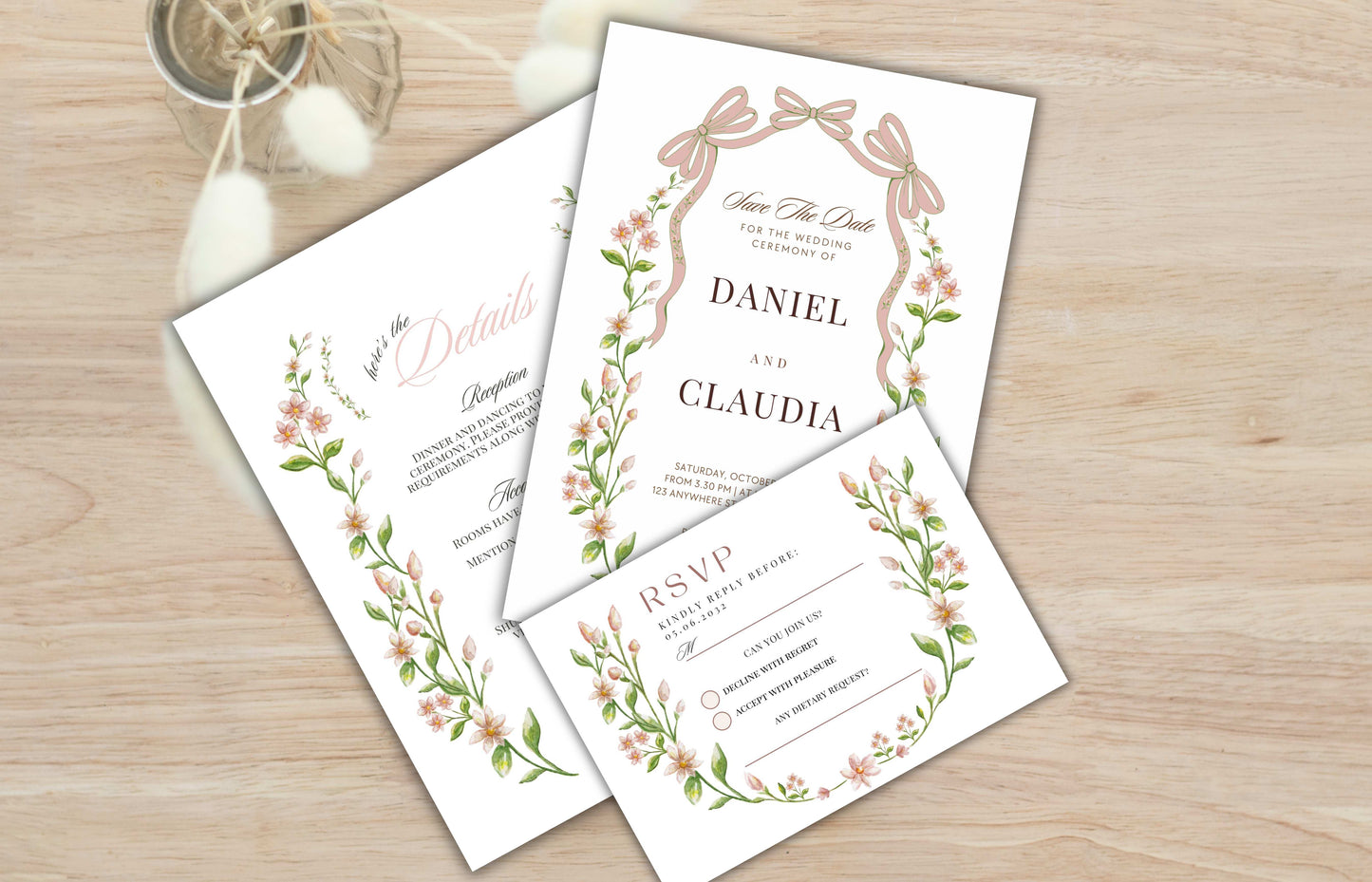 Ribbon Bow Wedding invitation Pink Green floral wedding invite, Spring summer wedding invitation suite, RSVP, Details Card, Editable WIB82