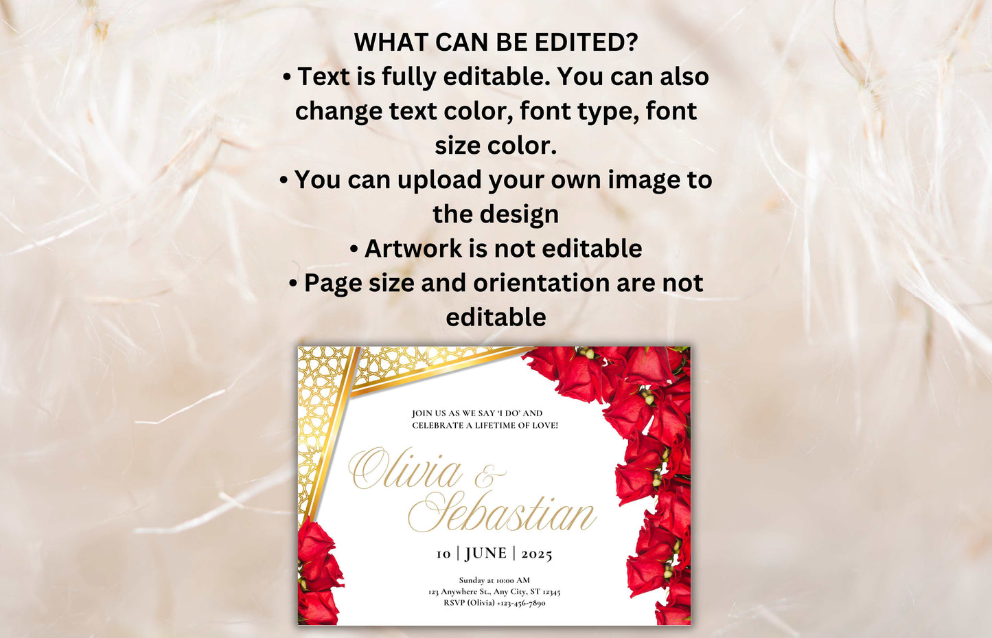 Elegant Red Roses Wedding Invitation - Editable Digital Template for Print - Customizable Romantic Wedding Invitation. WIB74