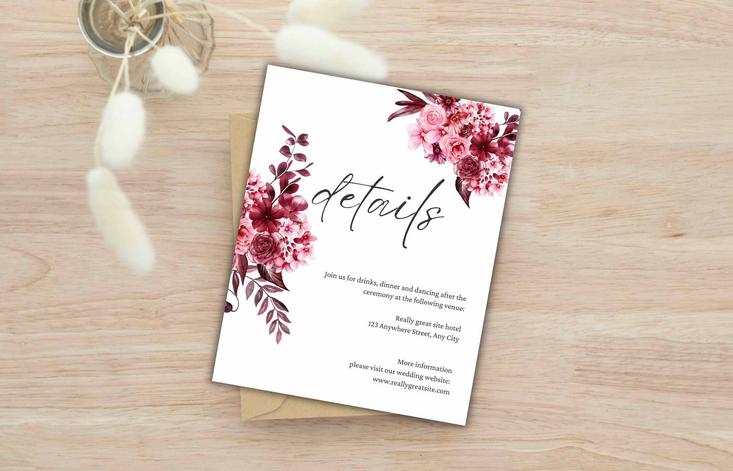 Wedding Invitation Suite, Maroon Wedding Invite Set, Editable Rsvp Card Template, 3 Piece Invitation Bundle, Details Card, WI108