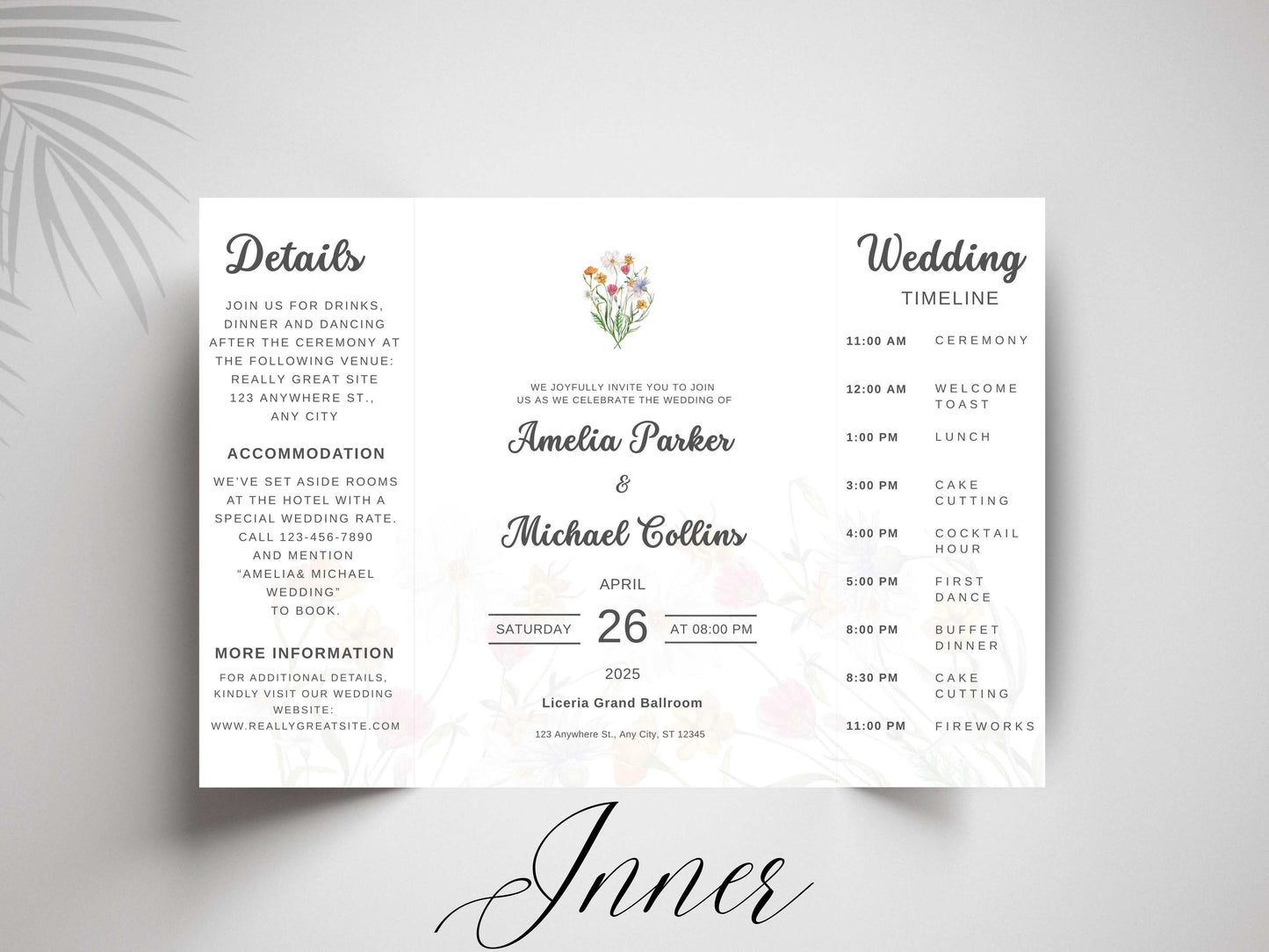 Elegant Wedding Invitation Card | Modern Floral Timeline Invite | Printable Details & Schedule | Personalized Digital Download. WI159
