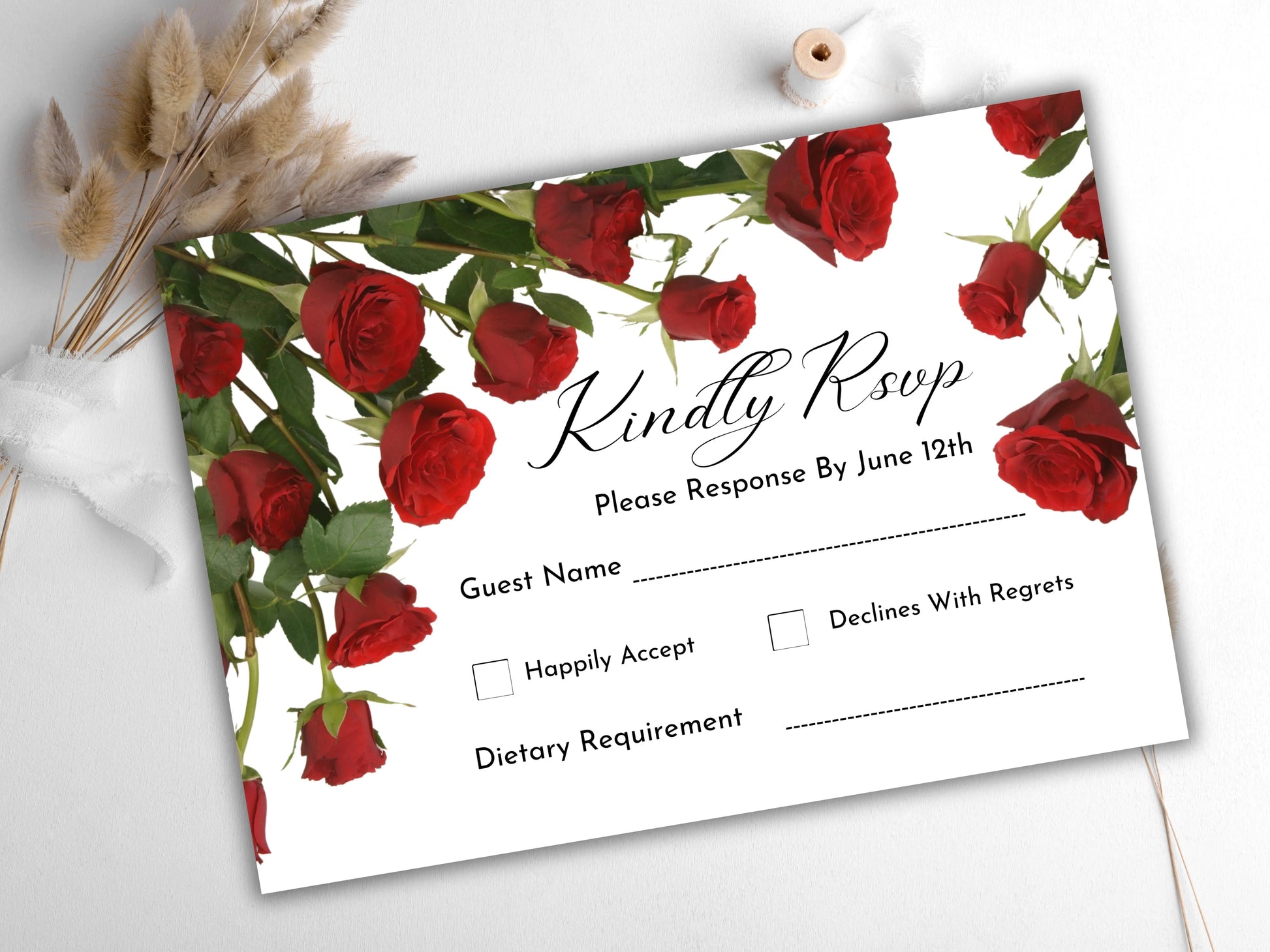 Red Rose Wedding Invitation , dark red floral gold frame border invite, Elegant Red Rose wedding Invitation, ,Shimmey, Editable A1 Majestic