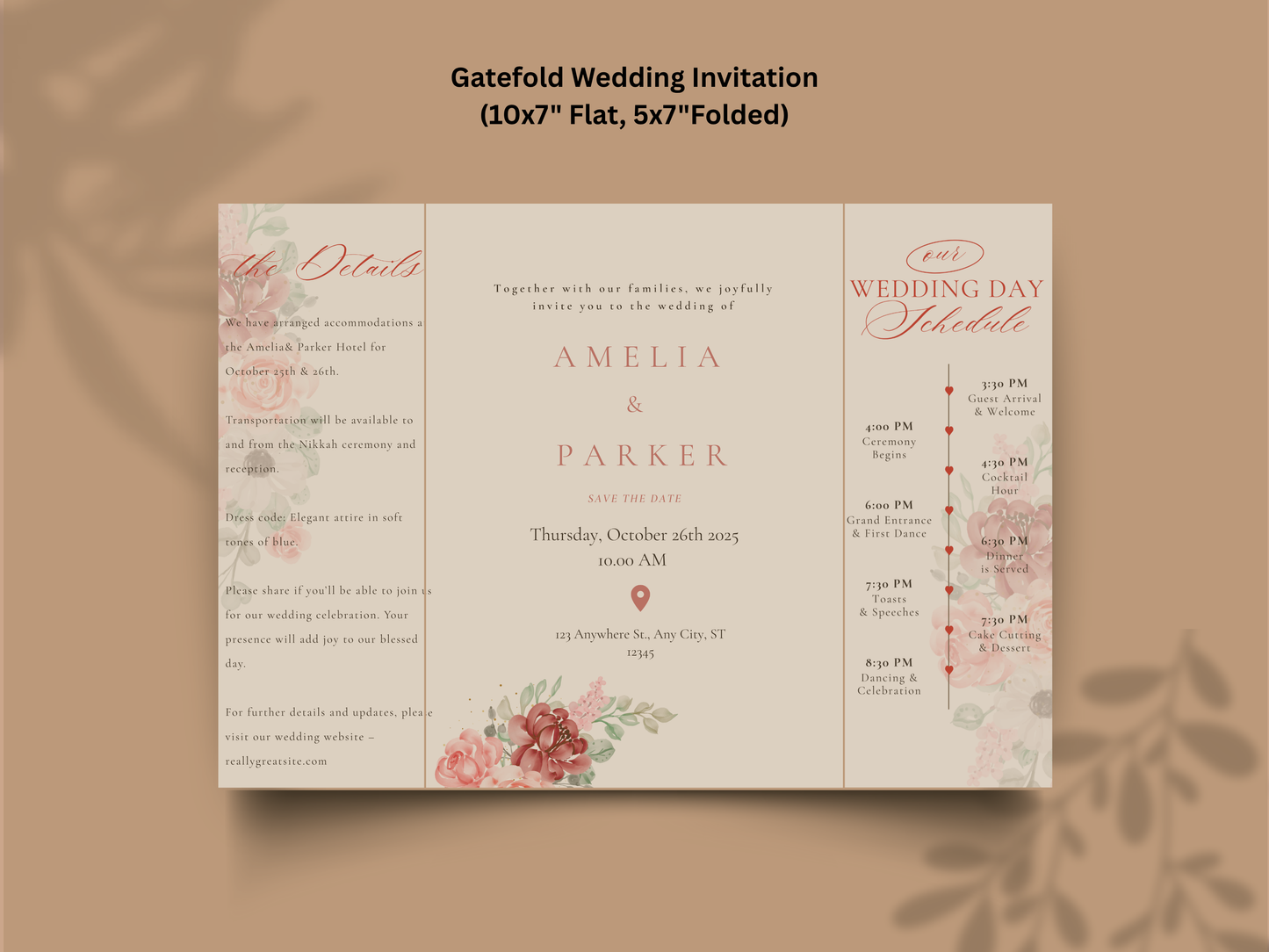 Elegant Floral Wedding Invitation Trifold Card Itinerary and Details Template Modern Editable Printable Invite. WI172