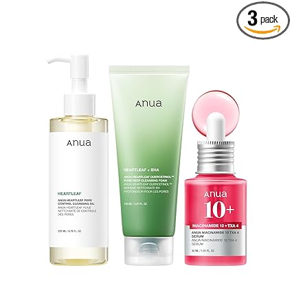 Anua 3-Step Glass Skin Beginner Set, Oil Cleanser and Face Wash with Facial Serum, Double Cleansing Daily Routine with Niacinamide, Korean Skin Care Set