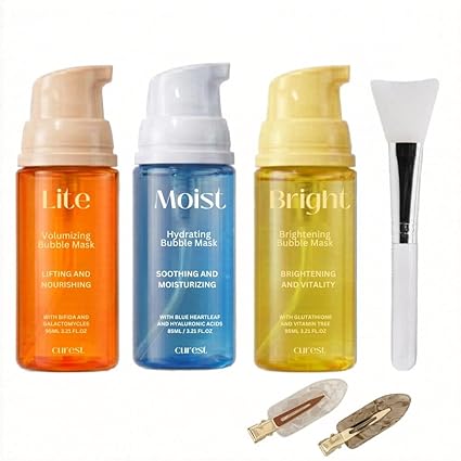 Curest Micro Bubble Mask - K-Beauty No-Wash Sheet-Free Luminous Glow - Hydrating Skincare Gift Set for Makeup Prep & Refreshing - 100 Uses, 3.21oz/95ml (Ultimate Glow Trio Set + Brush)