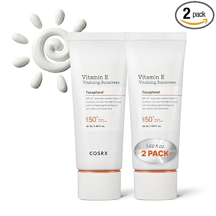 COSRX Vitamin E Sunscreen 2 Pack, Natural Glow Face Sunscreen for Oily Skin SPF 50, Lightweight, Non-Sticky, No White Cast, Beach Essentials, Summer Travel Essentials, Korean Skincare,1.69 fl oz