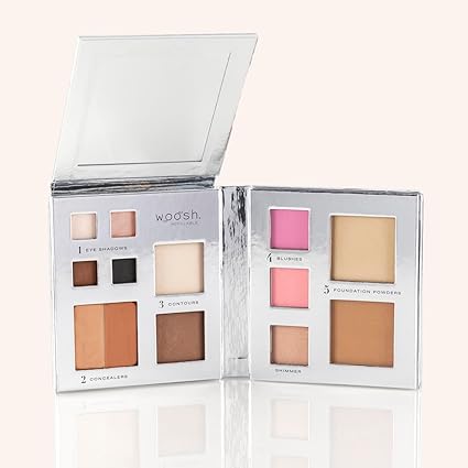 Woosh Beauty Fold Out Face Refillable Makeup Palette for Women in Silver – All-in-One Face Makeup Kit with Foundation, Concealer, Contour, Blush, Highlighter & Eyeshadow – Curated Shades by Skin Tone