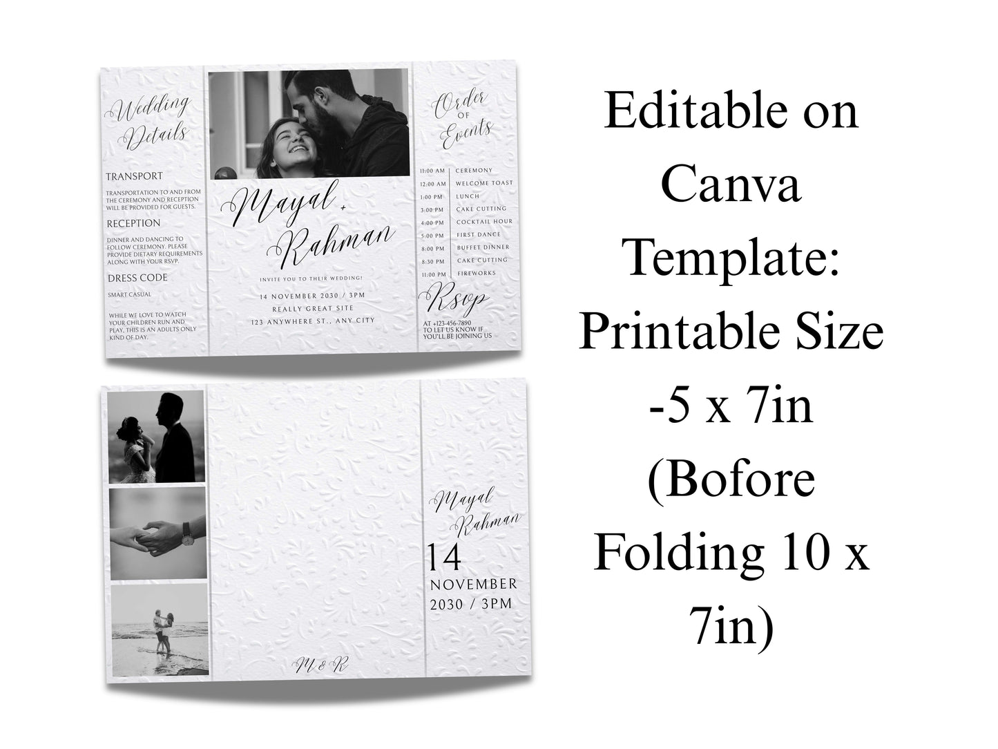 Gatefold Wedding Invitation Template | Elegant Black & White Folded Invite with RSVP Timeline | Printable Wedding Card with Photo. WEIB122