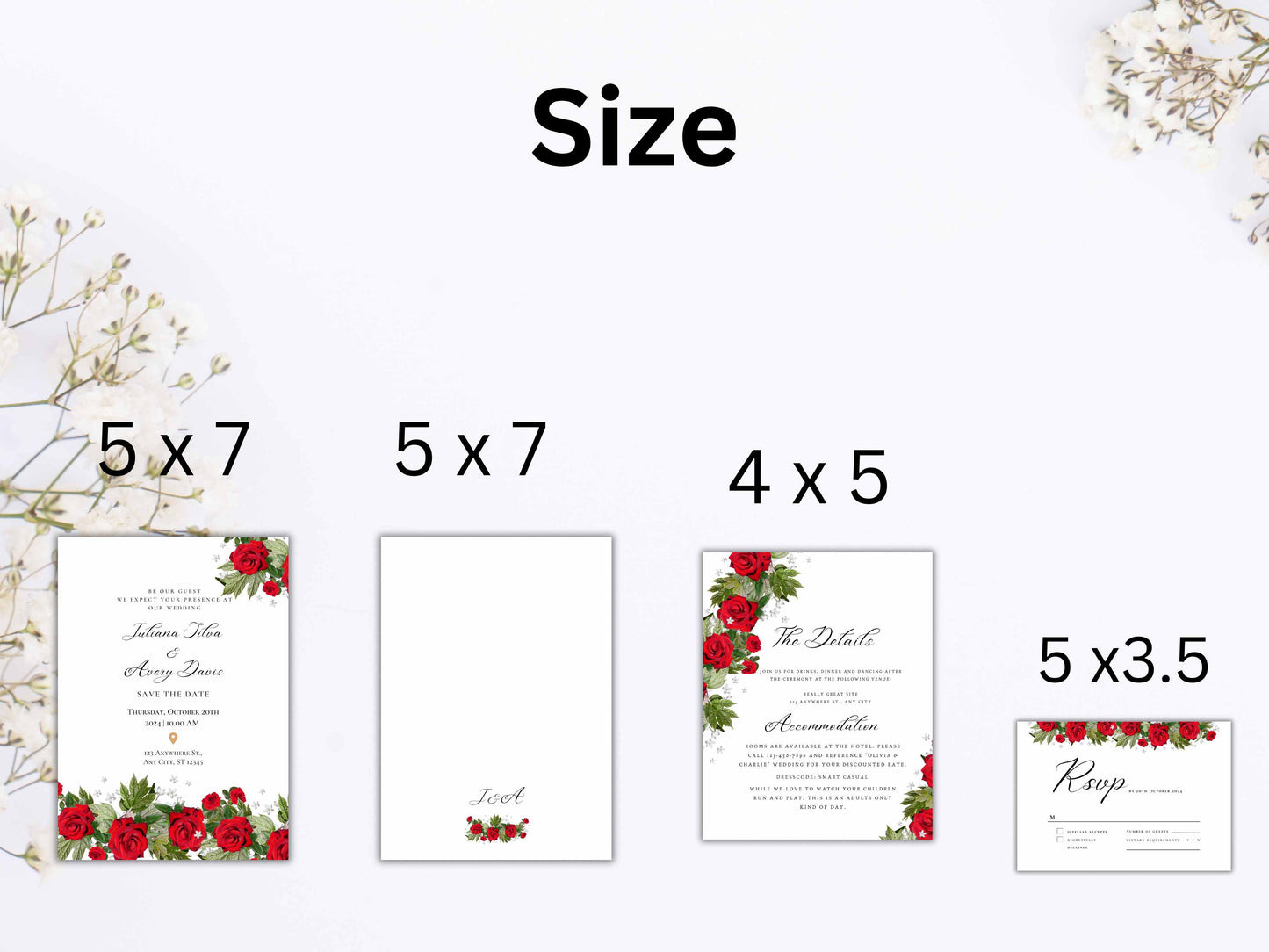 Red rose wedding invitation template set, Printable wedding suite, RSVP card, Details Card. 23