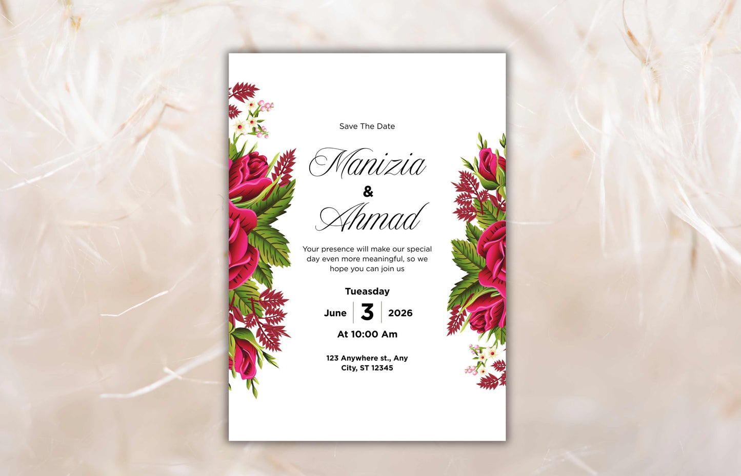 Floral Wedding Invitation Set Template, Printable Hot Pink Rose Wedding Invite Suite, Boho Wedding Template, RSVP Card, Details Card. WIB73