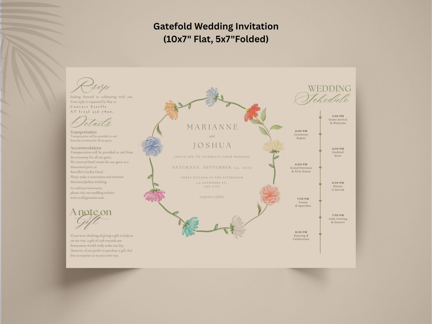 Elegant Gatefold Wedding Invitation | Floral Folded Invite | Printable Wedding Template | RSVP & Details Card | Editable PDF. WI134