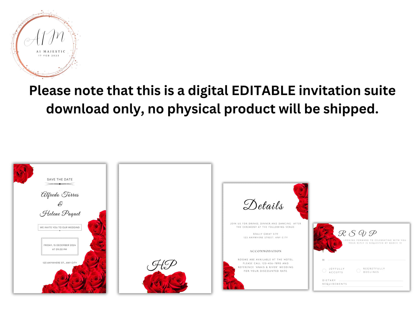 Red Rose Wedding Invitation set, Red Rose RSVP, Dark Red floral, Elegant Red Rose wedding Invitation, Details , Editable,Template. T28