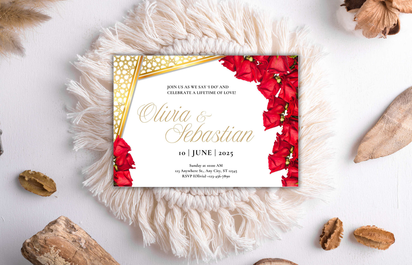 Elegant Red Roses Wedding Invitation - Editable Digital Template for Print - Customizable Romantic Wedding Invitation. WIB74