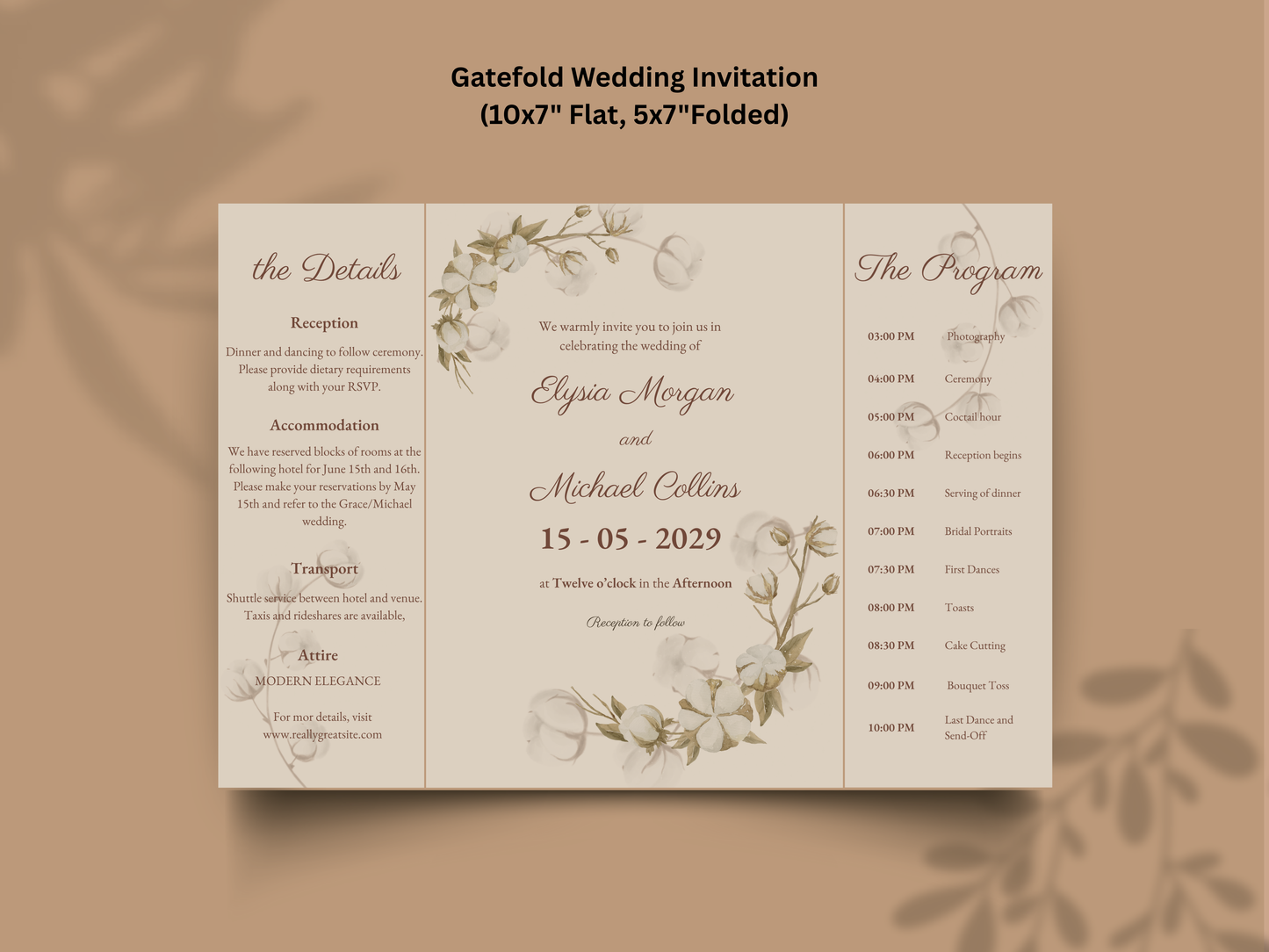 Floral Wedding Invitation Template | Folded Wedding Program & Details Card | Printable Rustic Boho Wedding Invite | Editable Template. WI176