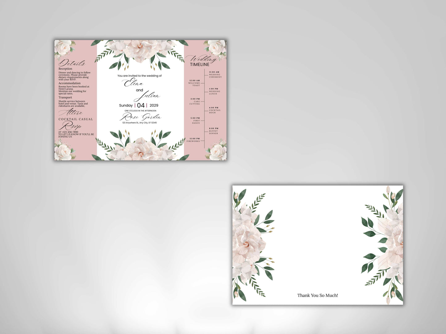 Gatefold Floral Wedding Invitation with Timeline – Rose Garden Theme | Gatefold Editable Invite | Editable Template. WIB120