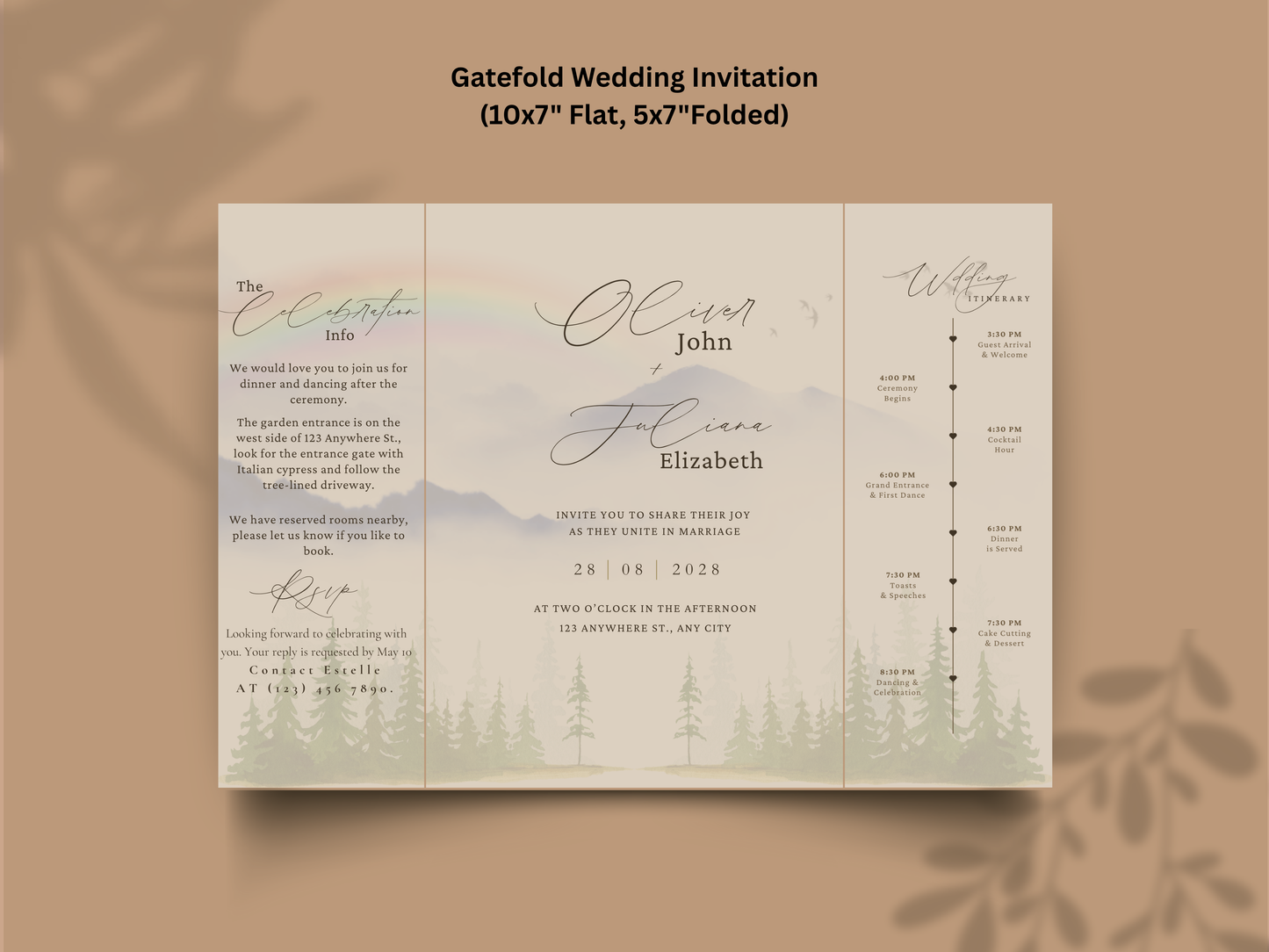 Mountain Wedding Invitation Template | Watercolor Forest Itinerary Invite | Rustic Outdoor Wedding Program | Editable Template.wi177