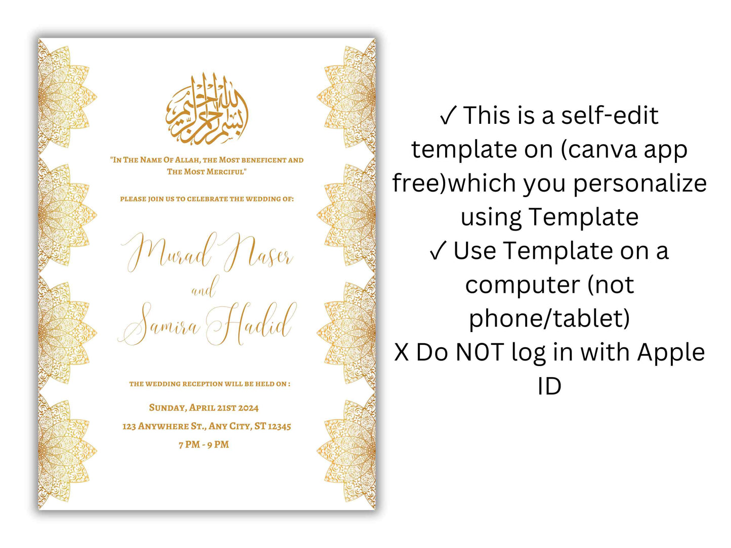Gold Muslim Wedding Invitation, Nikkah Invitation, Muslim Wedding Invite, Wedding Invite, Invitation Template, Editable Canva Template, WT55