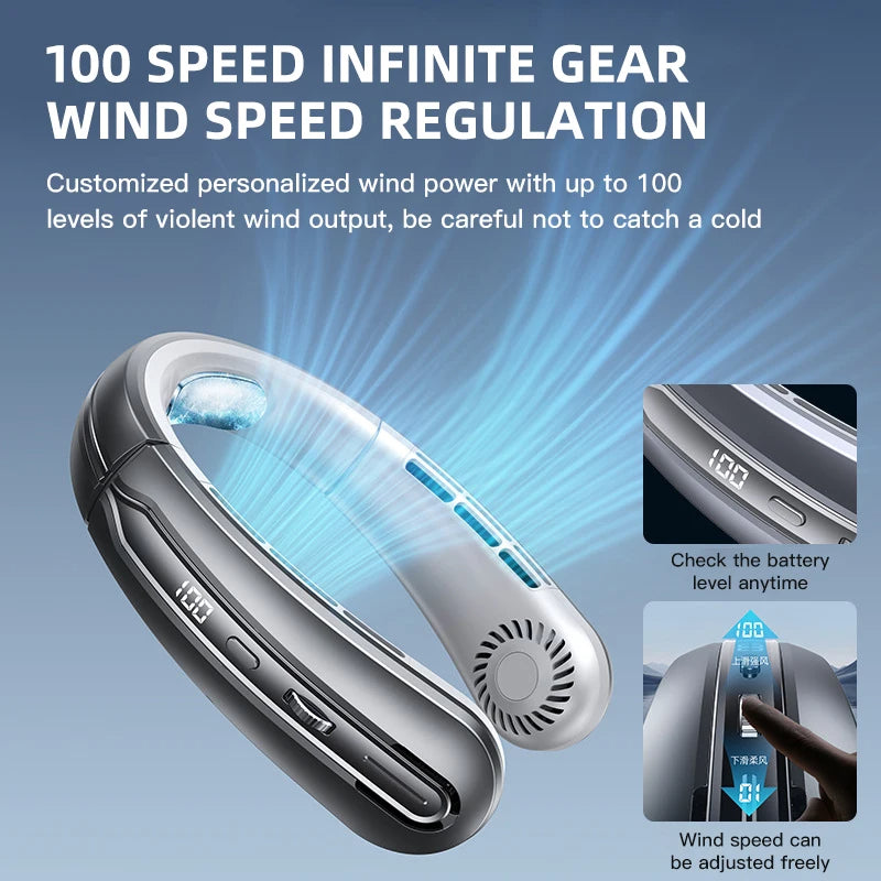 3000mAh Hanging Neck Fan Portable Bladeless Mini USB Rechargeable Mute LED Digital Display Electric Fan Summer Air Cooler 2025