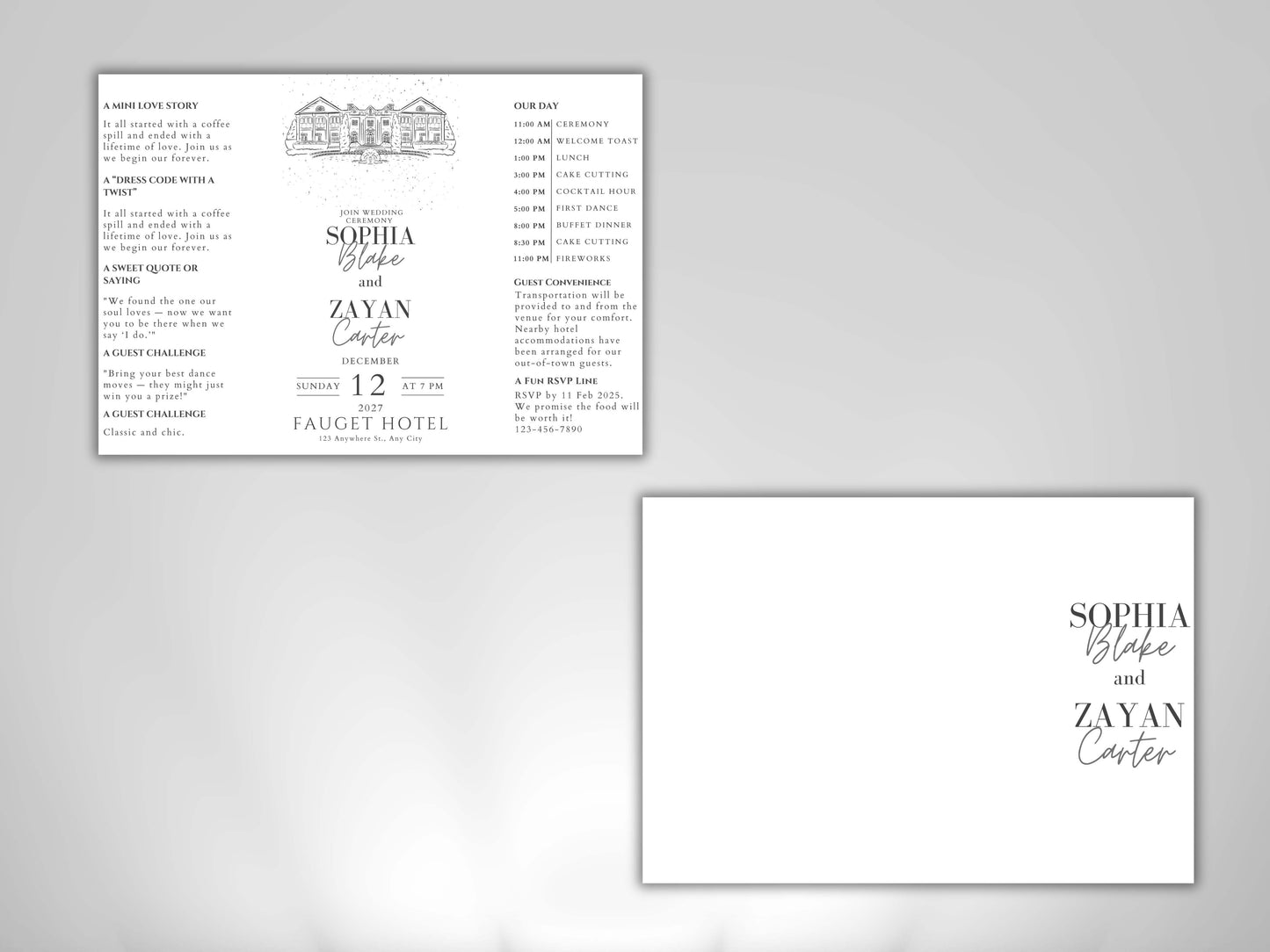 Minimalist Wedding Invitation Fold Card | Elegant Modern Wedding Timeline & Details | Printable or Printed Invite. WIB129