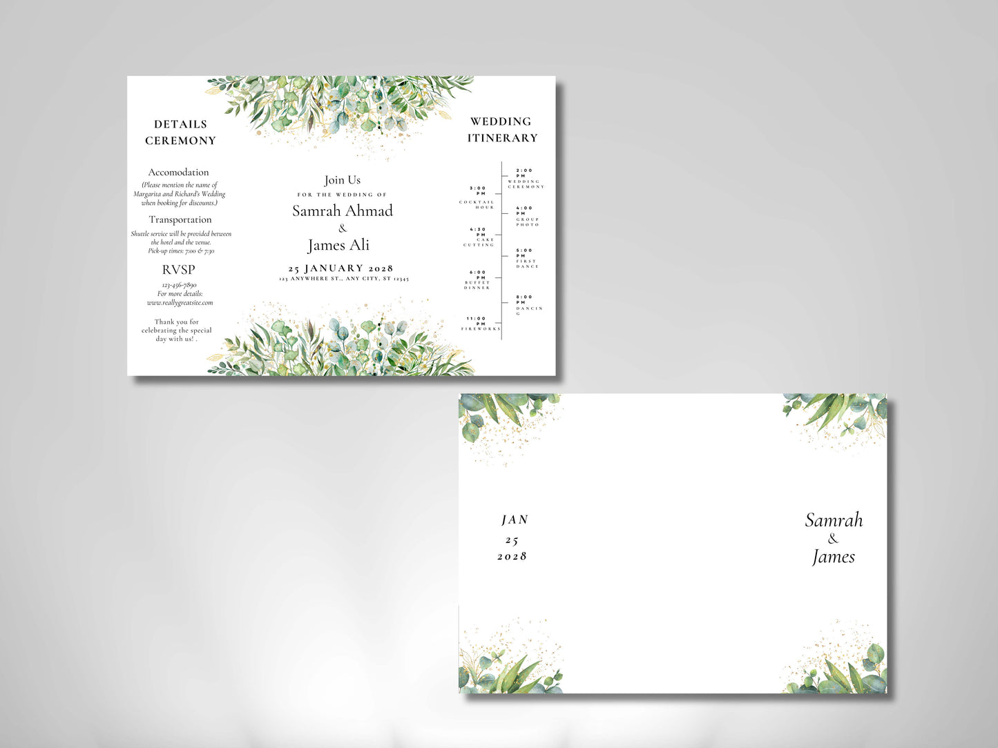 Greenery Gatefold Wedding Invitation | Printable Floral Invite | Gatefold Invite | Editable Template | Modern Wedding Itinerary | WIB128
