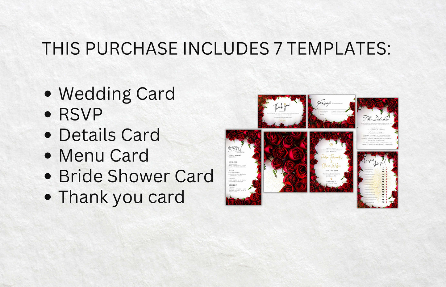 Red Rose Wedding Invitation Bundle, RSVP, Thank You Card, Red Rose Bridal Shower, Games Wedding Party Menu, Details Card, Template, WB3