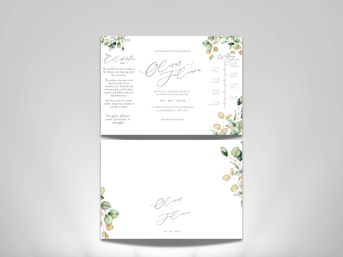 Gatefold Wedding Invitation Template | Green Folded Invite | Printable Ceremony Card | Modern Wedding Schedule Design. WIB127