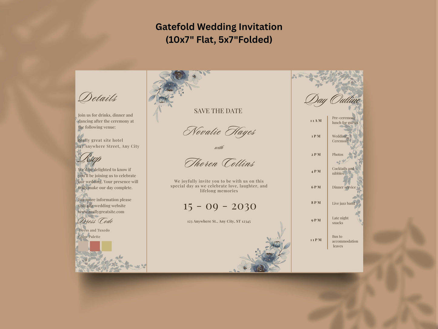 Blue Floral Wedding Itinerary Template, Save The Date Schedule Card, Elegant Navy Wedding Day Timeline, Printable Itinerary Invitation.WI175
