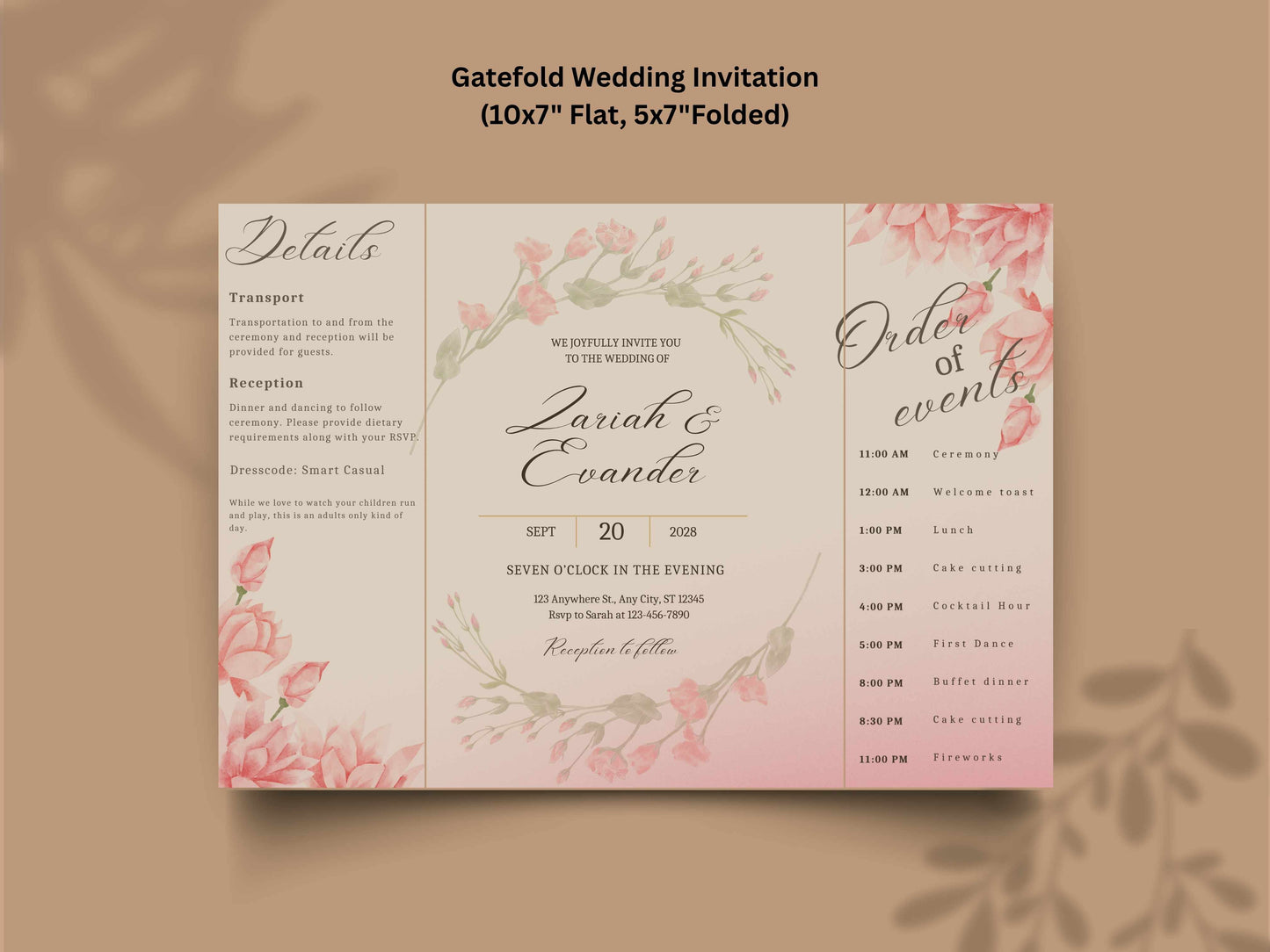 Pink Floral Wedding Invitation Template, Editable Order of Events Card, Modern Wedding Itinerary, Printable Wedding Invite Suite. 171