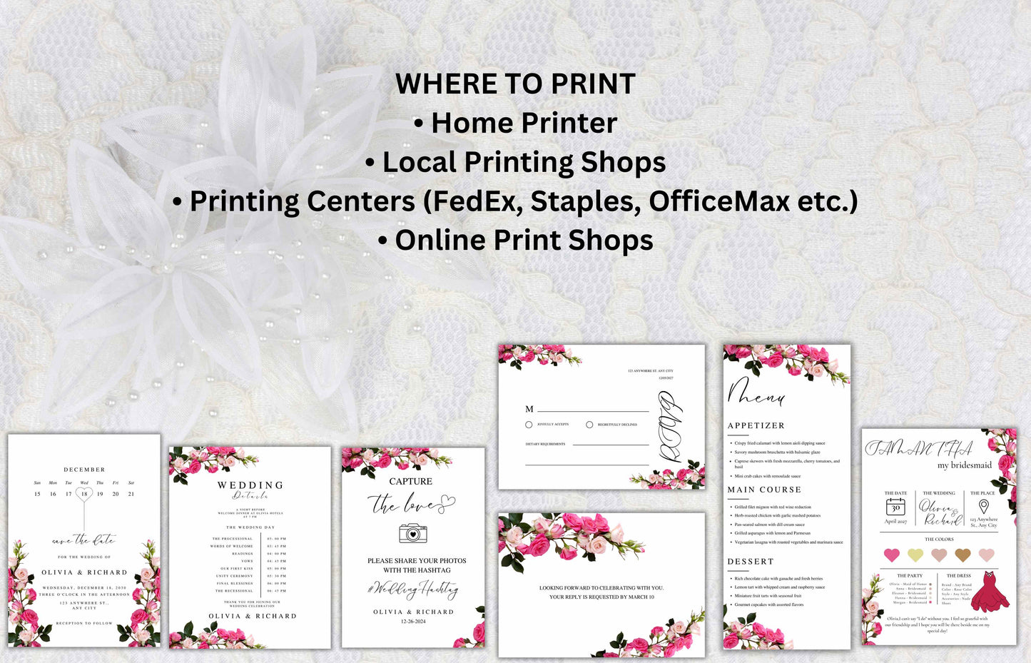 Pink Rose Wedding Invitation Bundle, Printable Wedding Invite, Editable Template, RSVP, Details, Bridesmaid Card, Menu Card, Digital. WT41