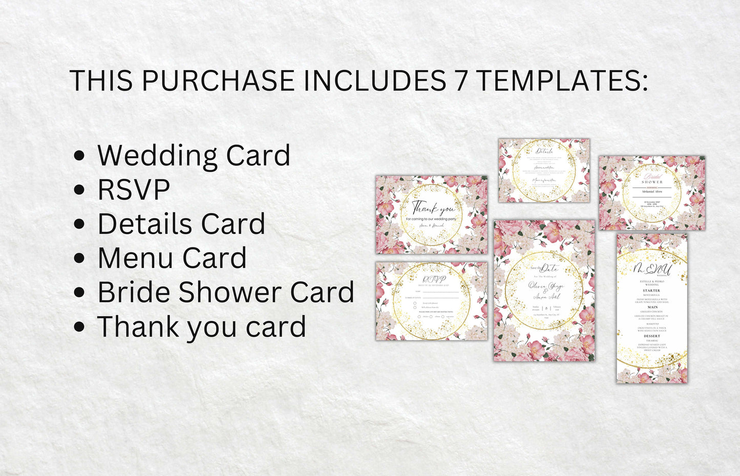 Pink Rose Wedding Invitation Bundle, RSVP, Thank You Card, Pink Rose Bridal Shower, Floral Suite, Party Menu, Details Card, Template, WB2