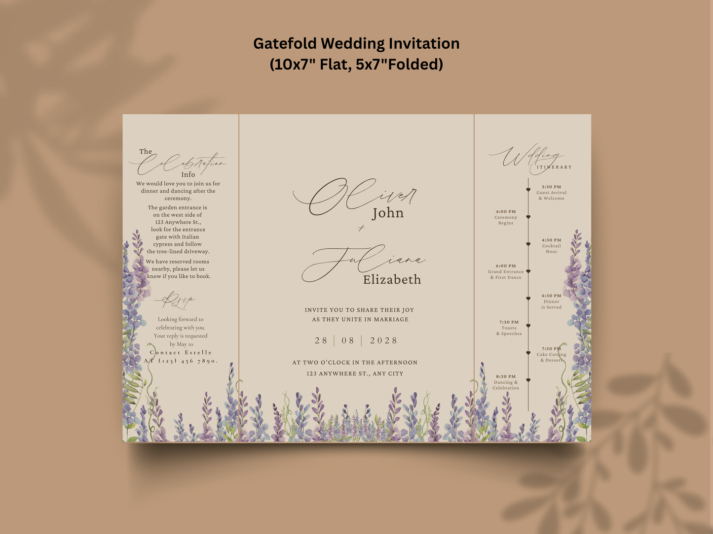 Lavender Wedding Invitation Template, Elegant Floral Itinerary Invite, Rustic Garden Wedding Suite, Editable Purple Flower Invitation.WI178